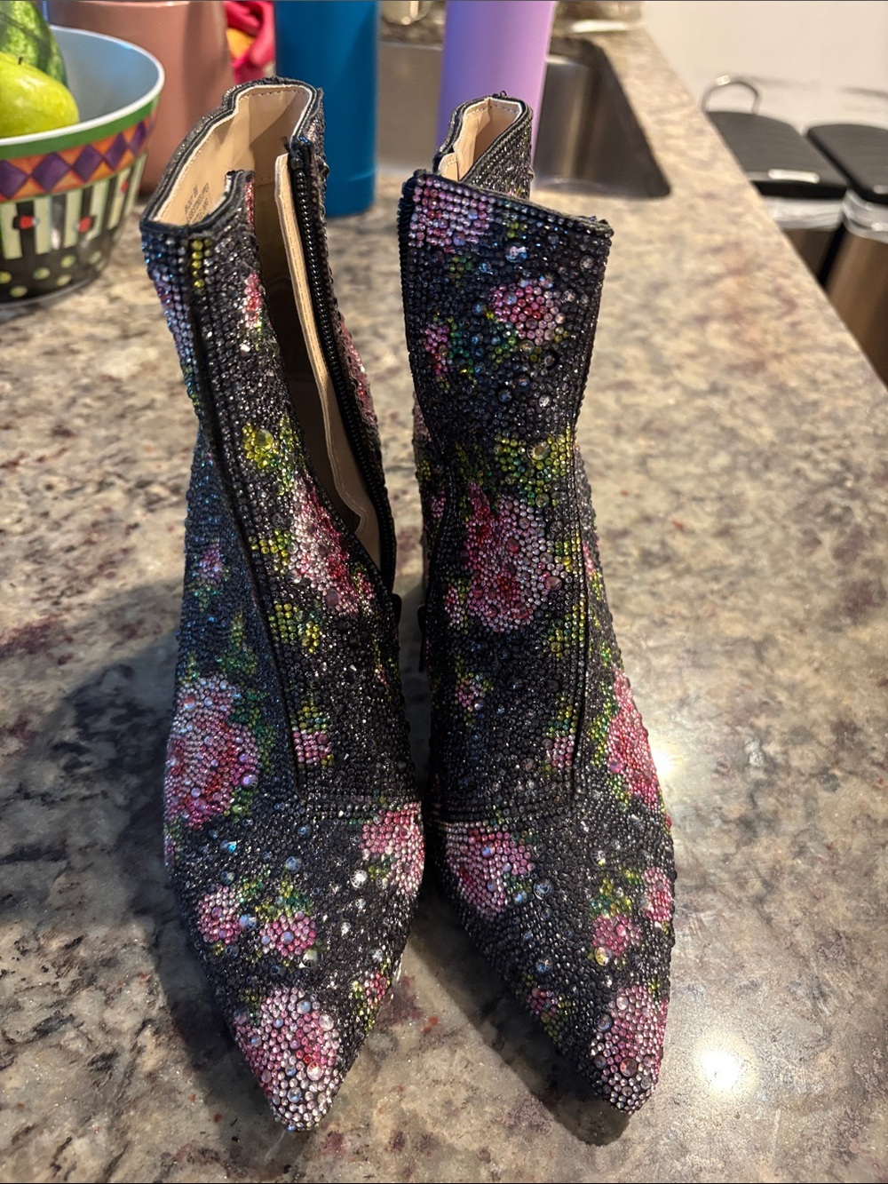 Blue by Betsey Johnson Black Crystal Floral Ankle Booties